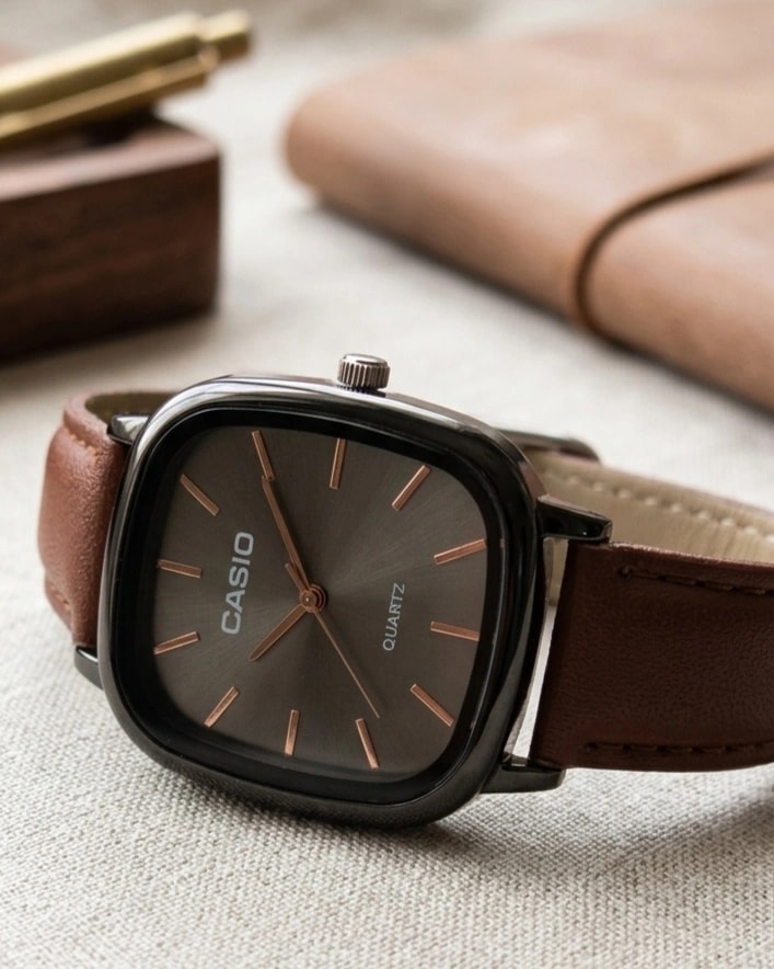 Montre casio fond noir, bracelet marron pur| Coffret offert